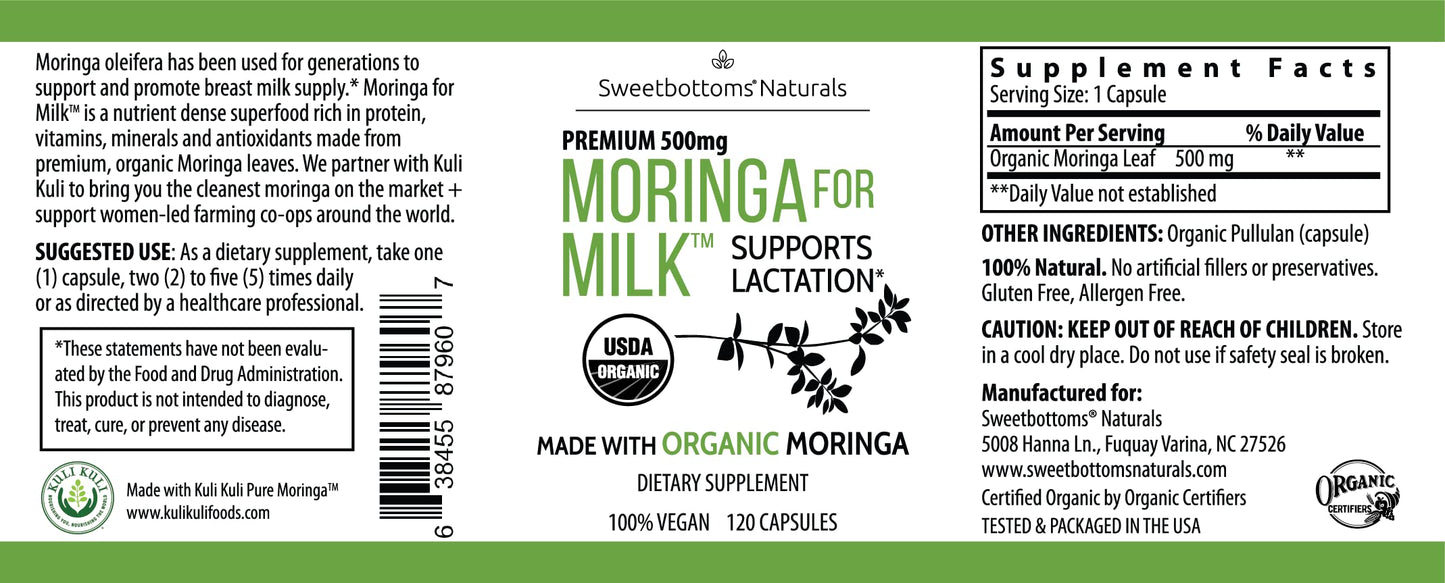 Lactation Supplement - Organic Moringa Capsules for Breastfeeding Support to Increase Breastmilk Supply (120 ct) Pure Malunggay Leaf Powder for Milk Production Booster Sweetbottoms
