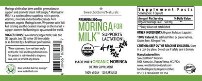 Lactation Supplement - Organic Moringa Capsules for Breastfeeding Support to Increase Breastmilk Supply (120 ct) Pure Malunggay Leaf Powder for Milk Production Booster Sweetbottoms