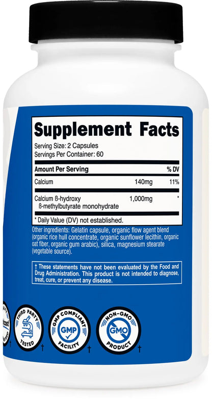 Nutricost HMB (Beta-Hydroxy Beta-Methylbutyrate) 1000mg (120 Capsules) - 500mg Per Capsule, 60 Servings - Gluten Free and Non-GMO Nutricost