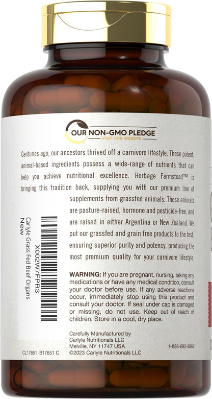 Carlyle Grass Fed Beef Organ Complex | 200 Capsules | Pasture Raised, Grain Free Supplement | with Desiccated Liver, Kidney, Pancreas, Heart, Spleen Carlyle