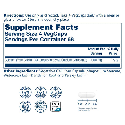 Solaray Calcium Citrate 1000mg - Chelated Calcium Supplement - Supports Bone Strength and Healthy Teeth - Easy to Digest SOLARAY