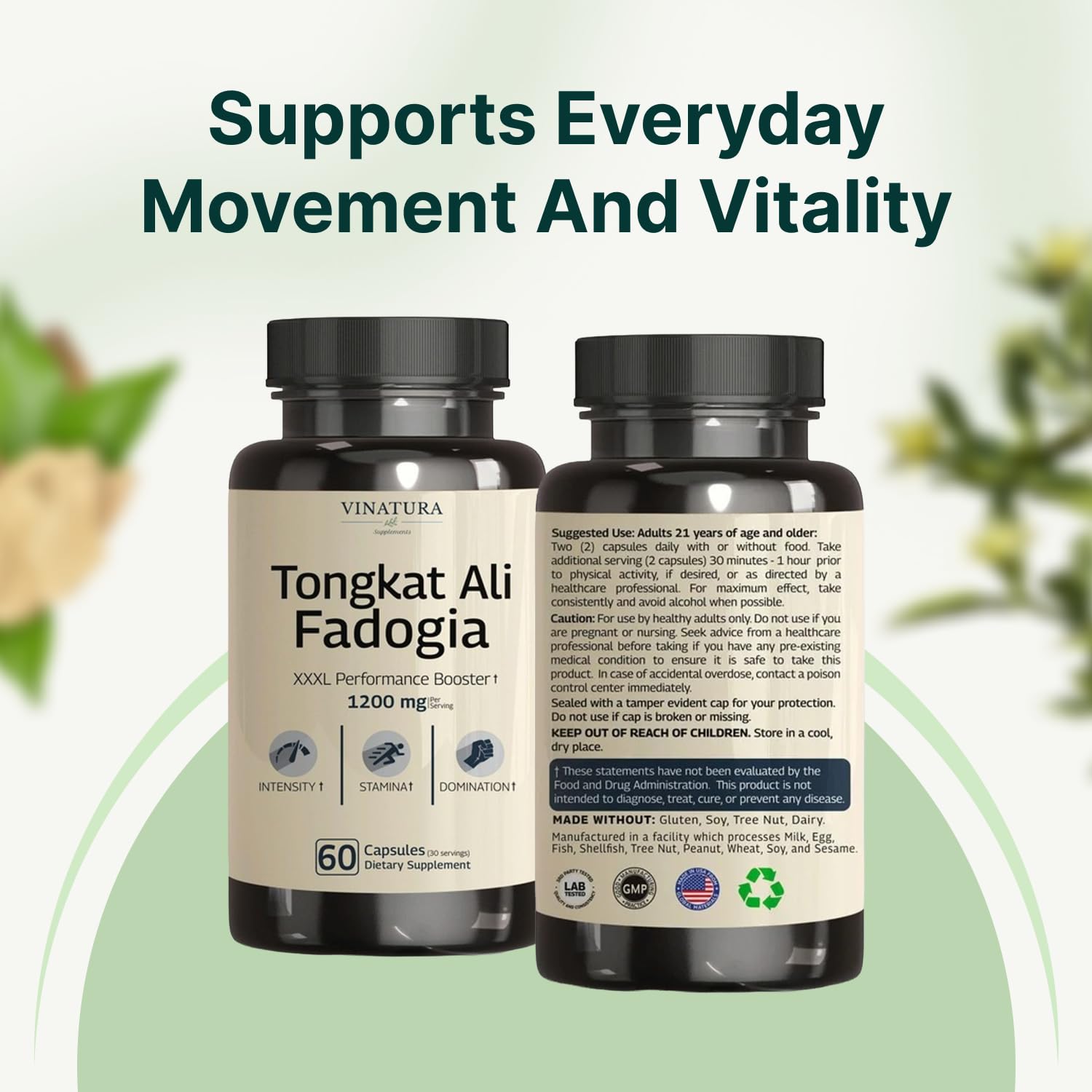 Tongkat Ali Fadogia Agrestis - 1200mg, Enhanced with Nitric Oxide Booster Supplement, Longjack Tongkat Ali for Men, VINATURA buy australia supplements