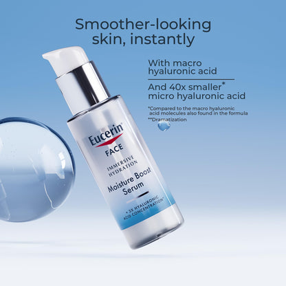 Eucerin Immersive Hydration Smoothing Face Serum, Ultra-Lightweight Hyaluronic Acid Serum Reduces the Look of Fine Lines and Wrinkles, 1 Fl Oz Bottle Eucerin