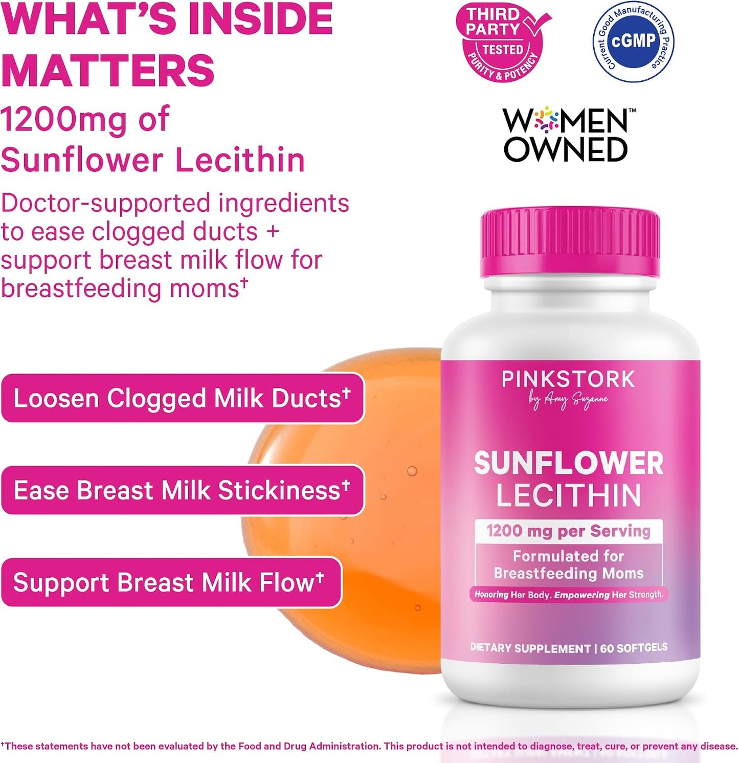 Pink Stork Sunflower Lecithin Supplement - 1200 mg - 60 Softgels | Formulated for Clogged Milk Ducts - Breastfeeding Essentials for Postpartum Moms - Supports Breast Milk Flow