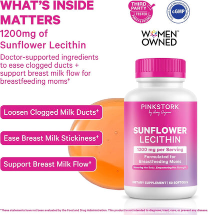 Pink Stork Sunflower Lecithin Supplement - 1200 mg - 60 Softgels | Formulated for Clogged Milk Ducts - Breastfeeding Essentials for Postpartum Moms - Supports Breast Milk Flow