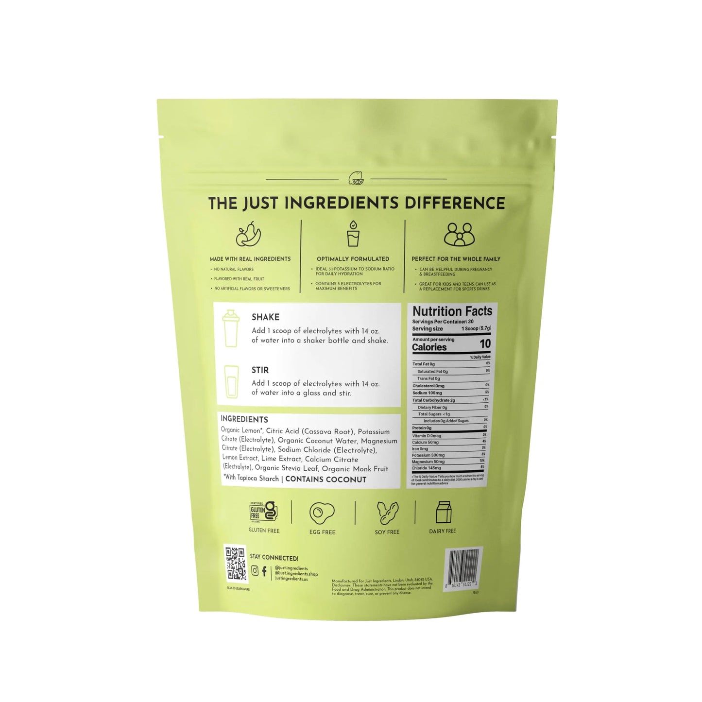 Lemon Lime Electrolytes – 30‑Serving Hydration Drink Mix with Coconut Water, Sea Salt, and Trace Minerals – Supports Energy, Recovery, and Electrolyte Balance* JUST INGREDIENTS