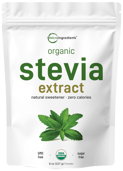 Micro Ingredients Pure Organic Stevia Powder, 8 Ounces, 1418 Serving, Highest Grade Stevia Green Leaf Extract Reb-A, Reduced Bitter Aftertaste, 0 Calorie, Natural Sweetener Micro Ingredients