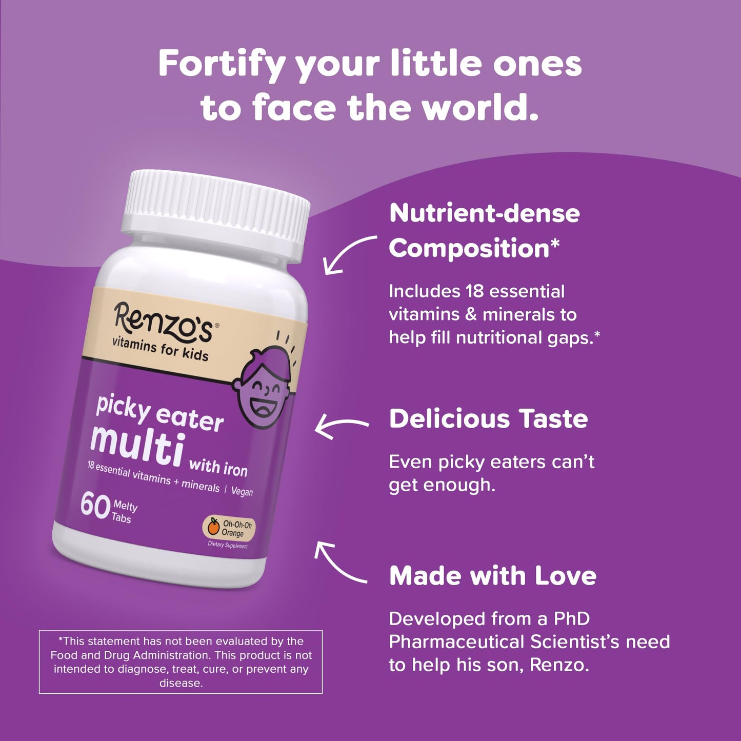 Renzo's Picky Eater Kids Multivitamin with Iron - Dissolvable Kids Vitamins with Iron, Zinc, Vitamin C, Vitamin D, E & K, Sugar-Free Melty Tabs, Orange Flavor Renzo's