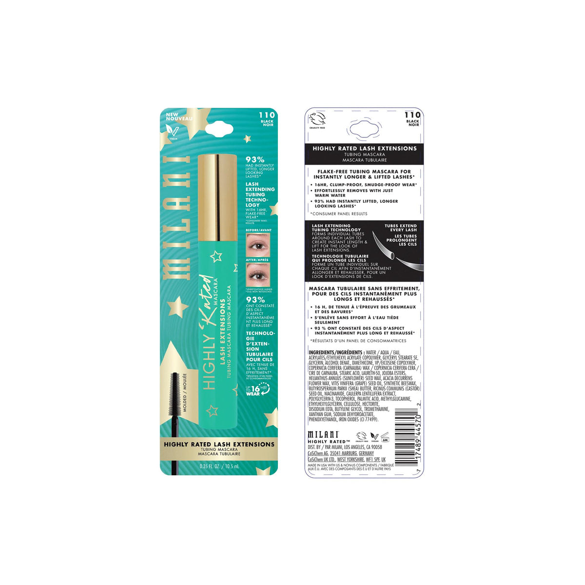 Milani Highly Rated Tubing Mascara for Length, No Smudge Mascara - Black Milani