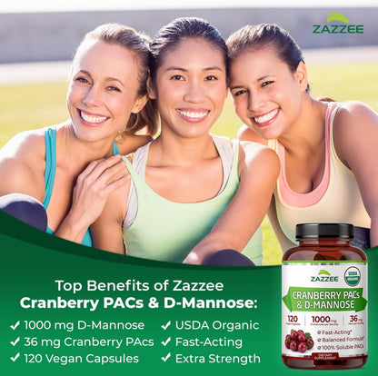 Zazzee USDA Organic Cranberry PACs & D-Mannose, 36 mg PACs per Serving | 1000 mg D-Mannose per Serving, 120 Vegan Capsules, 2 Month Supply, Urinary Tract & Bladder Support, Non-GMO, Made in the USA Gsupps Australia