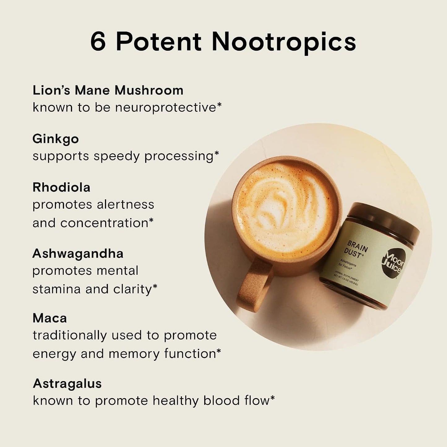 Moon Juice Brain Dust - Adaptogenic Mushroom Supplement for Memory & Focus - Lion’s Mane, Ginkgo Biloba & Ashwagandha - Caffeine-Free, Vegan Brain Supplement - 1.5 oz