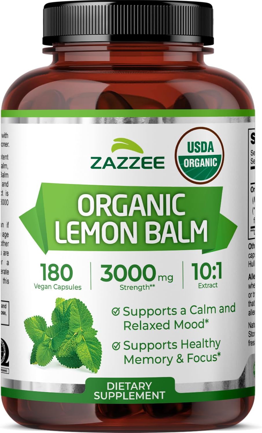 Zazzee USDA Organic Lemon Balm 10:1 Extract, 180 Capsules, 6 Month Supply | Vegan, All-Natural, Non-GMO, Melissa Officinalis, Calm, Mood, Stress & Relaxation Support, Herbal Supplement, Made in the USA Gsupps Australia