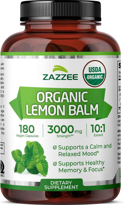 Zazzee USDA Organic Lemon Balm 10:1 Extract, 180 Capsules, 6 Month Supply | Vegan, All-Natural, Non-GMO, Melissa Officinalis, Calm, Mood, Stress & Relaxation Support, Herbal Supplement, Made in the USA Gsupps Australia