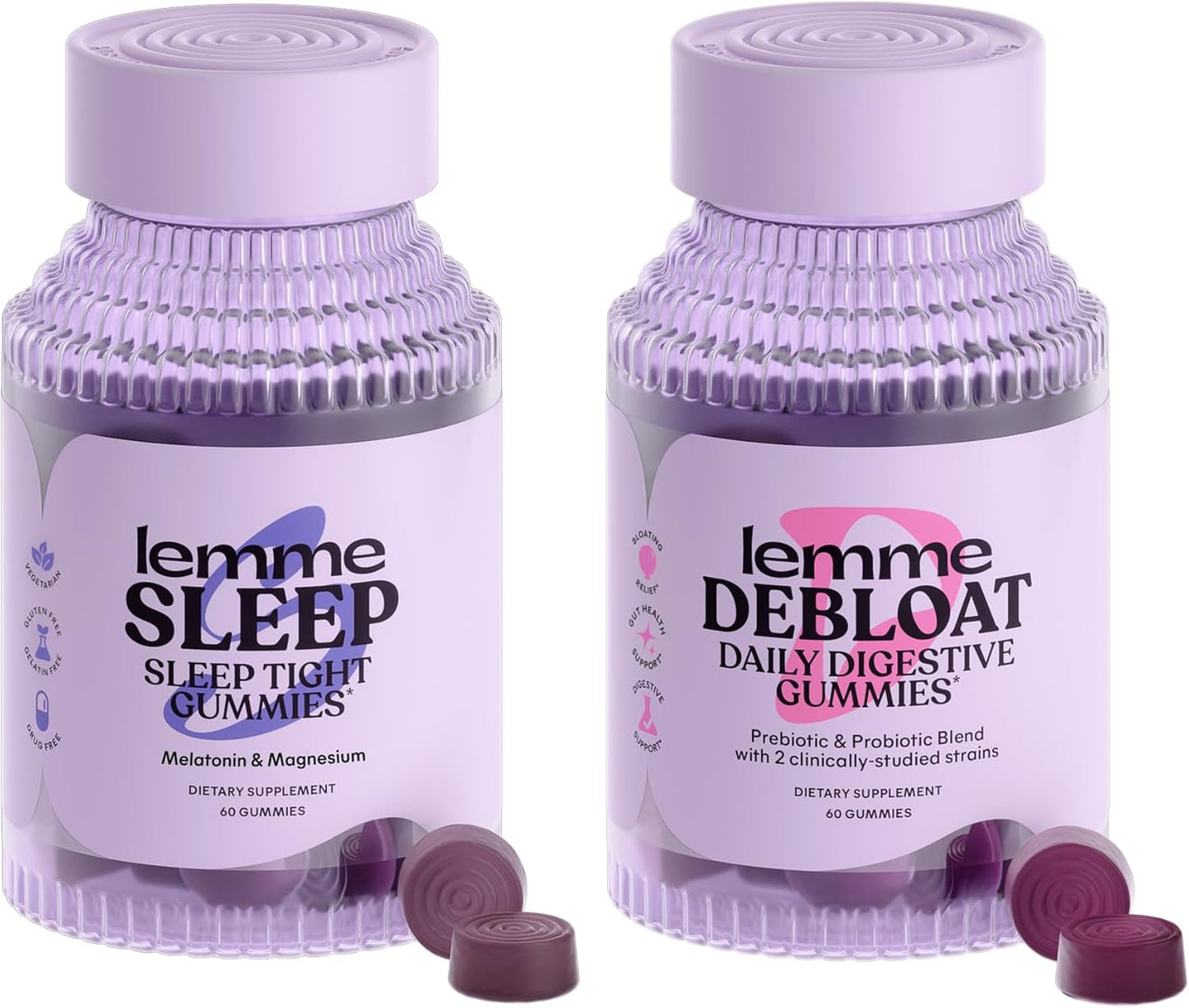 Lemme Sleep & Debloat Bundle - Sleep Gummies, a Drug-Free Nighttime Aid & Debloat Gummies for Digestive & Gut Health, Probiotics & Prebiotics - Gluten Free, Gelatin Free, Non-GMO - 60 Ct. Each