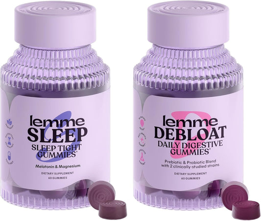 Lemme Sleep & Debloat Bundle - Sleep Gummies, a Drug-Free Nighttime Aid & Debloat Gummies for Digestive & Gut Health, Probiotics & Prebiotics - Gluten Free, Gelatin Free, Non-GMO - 60 Ct. Each