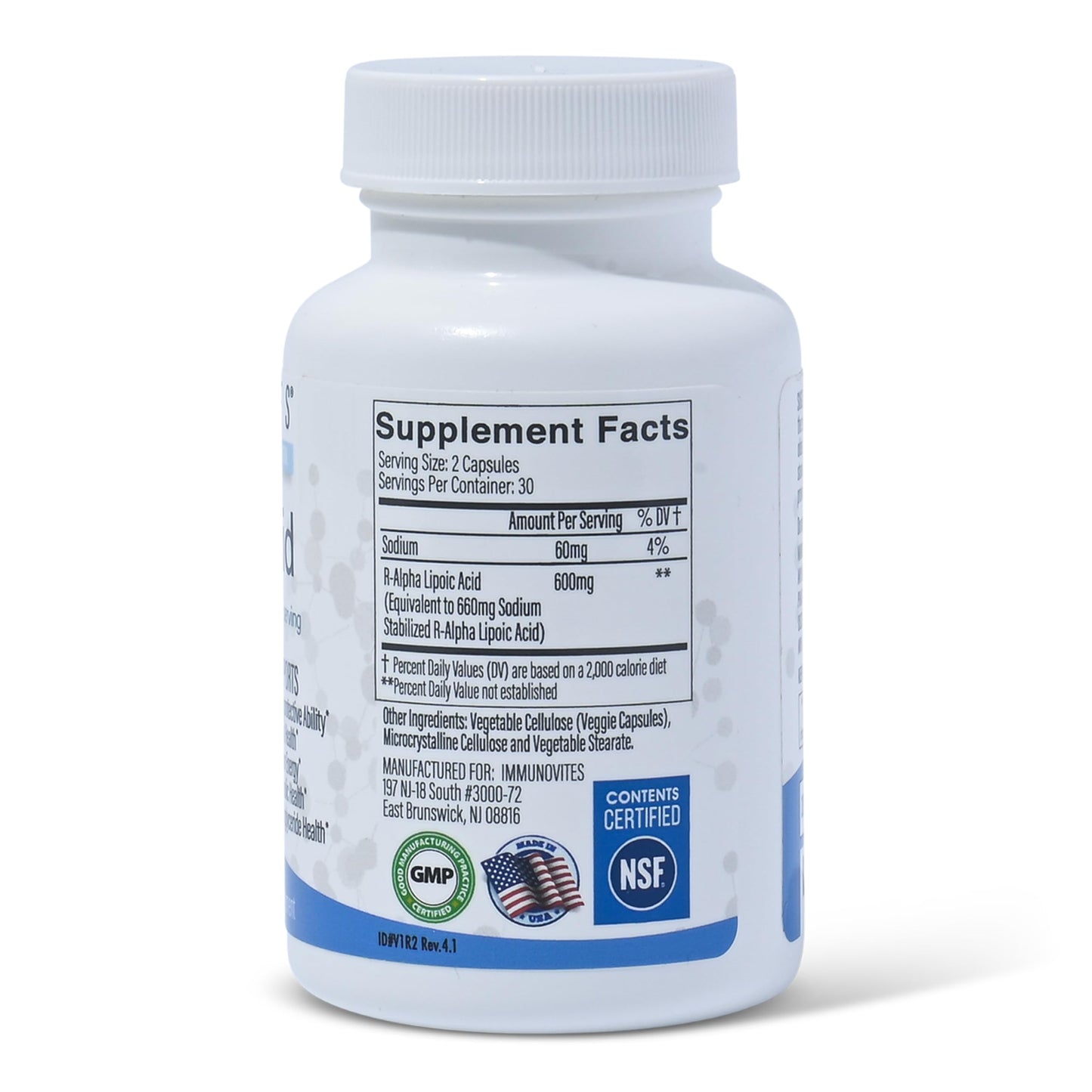 IMMUNOVITES Stabilized R-Alpha Lipoic Acid ((True)) 600mg per Serving [[High Potency & up to 40x Increased Absorption]] IMMUNOVITES