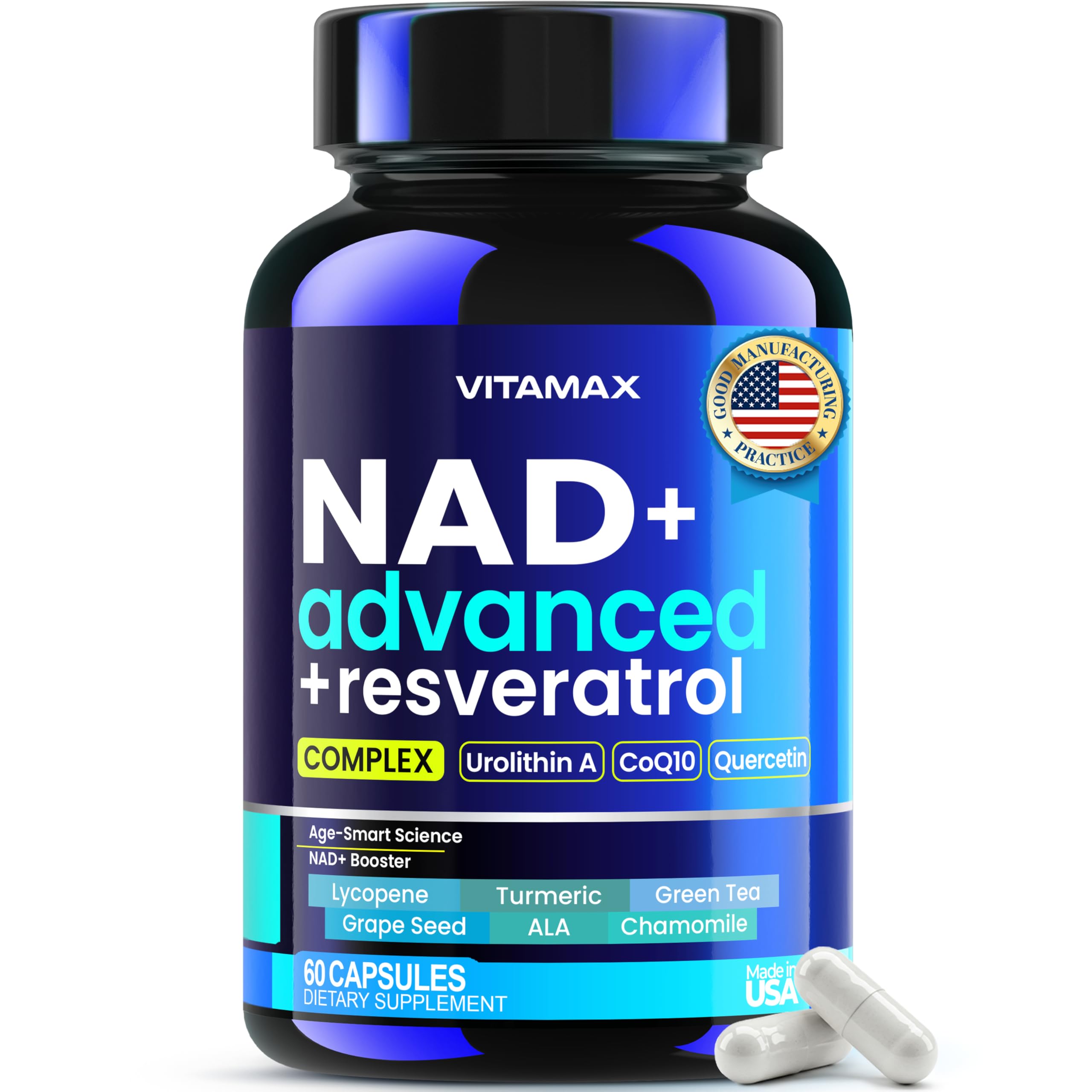 Liposomal NAD+ Supplement Extra Strength | Urolithin A, Resveratrol, CoQ10 - Women & Men - ALA, Green Tea, Quercetin, Lycopene | High Purity, Energy & Regeneration - Made in USA – 60ct Vitamax buy australia supplements