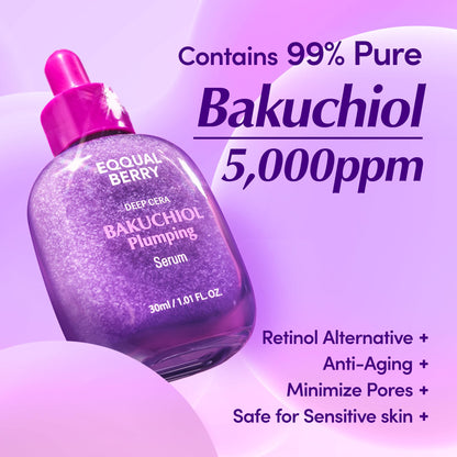 EQQUALBERRY Bakuchiol Plumping Face Serum - Retinol Natural Alternative for Sensitive Skin, with Niacinamide & Hyaluronic Acid EQQUALBERRY