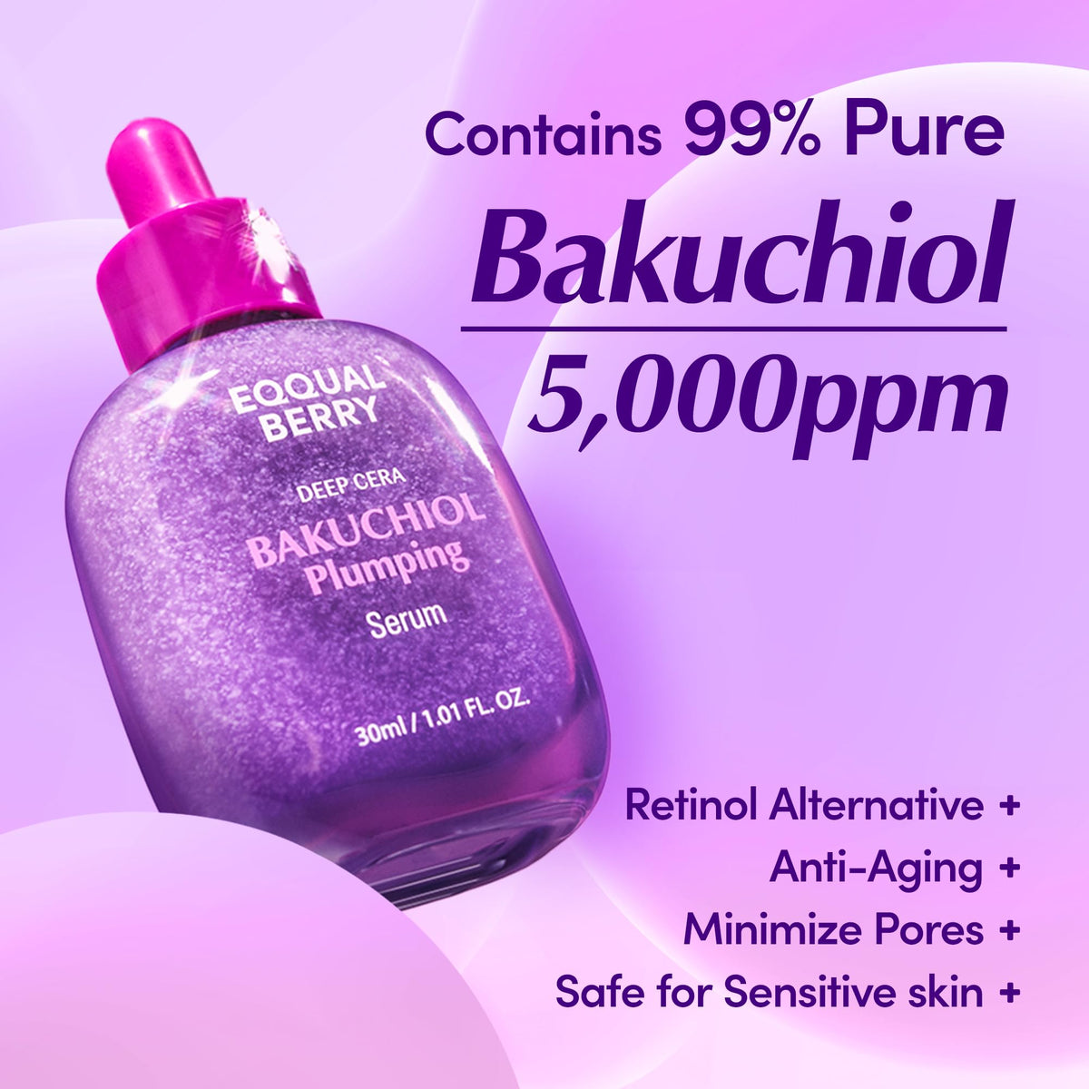 EQQUALBERRY Bakuchiol Plumping Face Serum - Retinol Natural Alternative for Sensitive Skin, with Niacinamide & Hyaluronic Acid, Pore & Wrinkle Korean Skin Care (1.01oz / 30ml) EQQUALBERRY