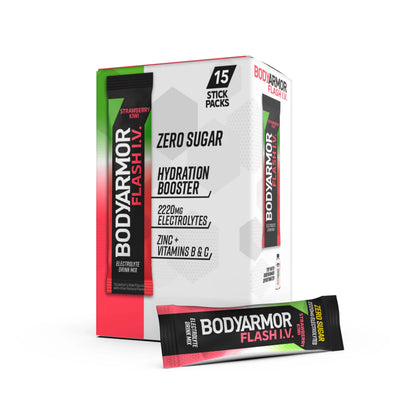 BODYARMOR Flash IV Electrolyte Packets, Strawberry Kiwi - Zero Sugar Drink Mix, Single Serve Packs, Coconut Water Powder (15 Count) BODYARMOR