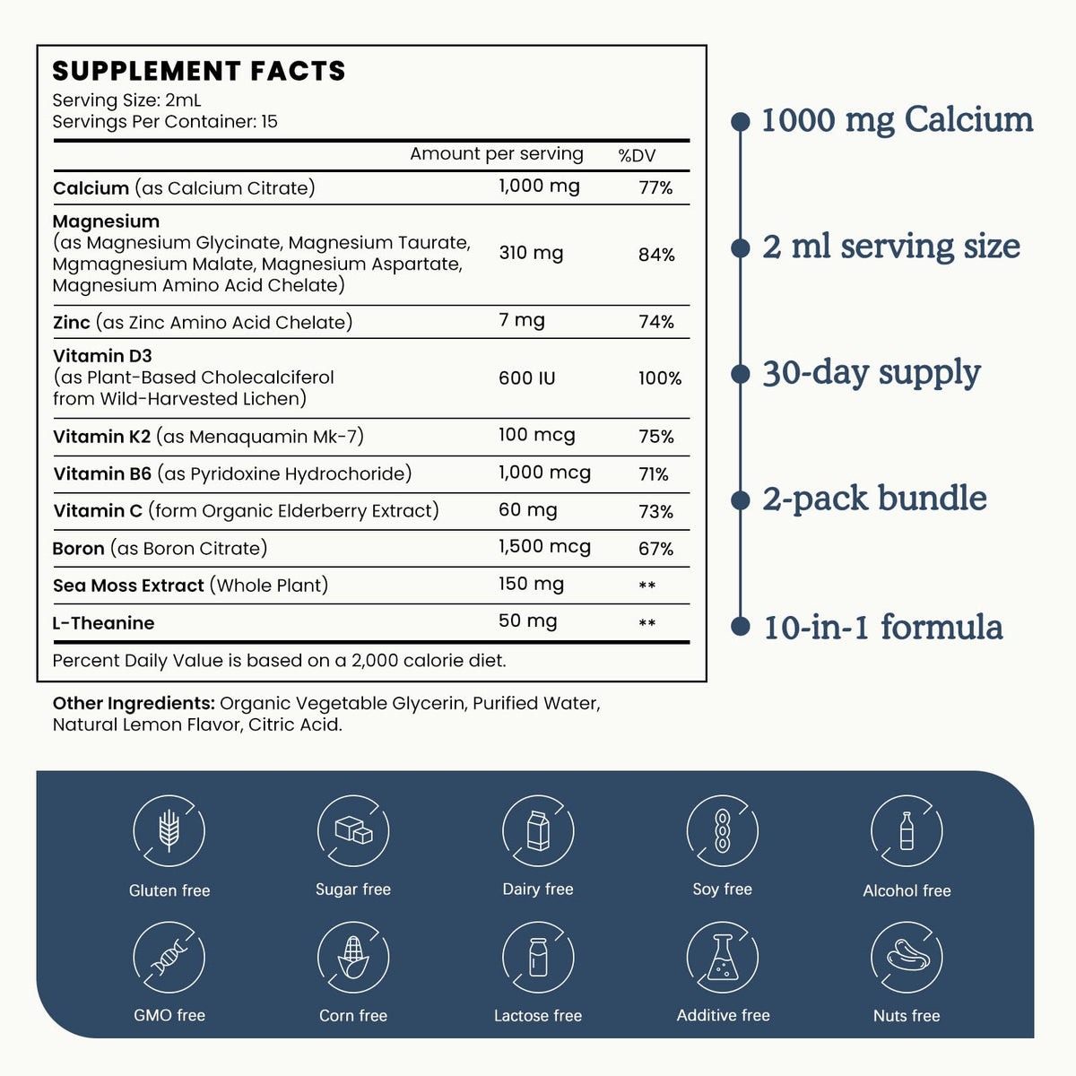 (2 Pack) 10 in 1 Magnesium Calcium Zinc Supplement with Vitamin C D3 K2, Glycinate Mag Vegan Liquid Drops Plus L-Theanine Boron Sea Moss Extract, Immune Support PAYAOCZ