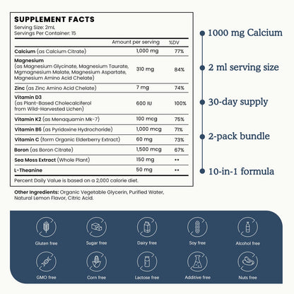 (2 Pack) 10 in 1 Magnesium Calcium Zinc Supplement with Vitamin C D3 K2, Glycinate Mag Vegan Liquid Drops Plus L-Theanine Boron Sea Moss Extract, Immune Support PAYAOCZ