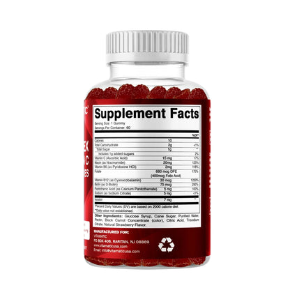 Vitamatic Vitamin B Complex Gummies with Vitamin C & Inositol - Natural Strawberry Flavor - 60 Gummies (1 Bottle) Vitamatic
