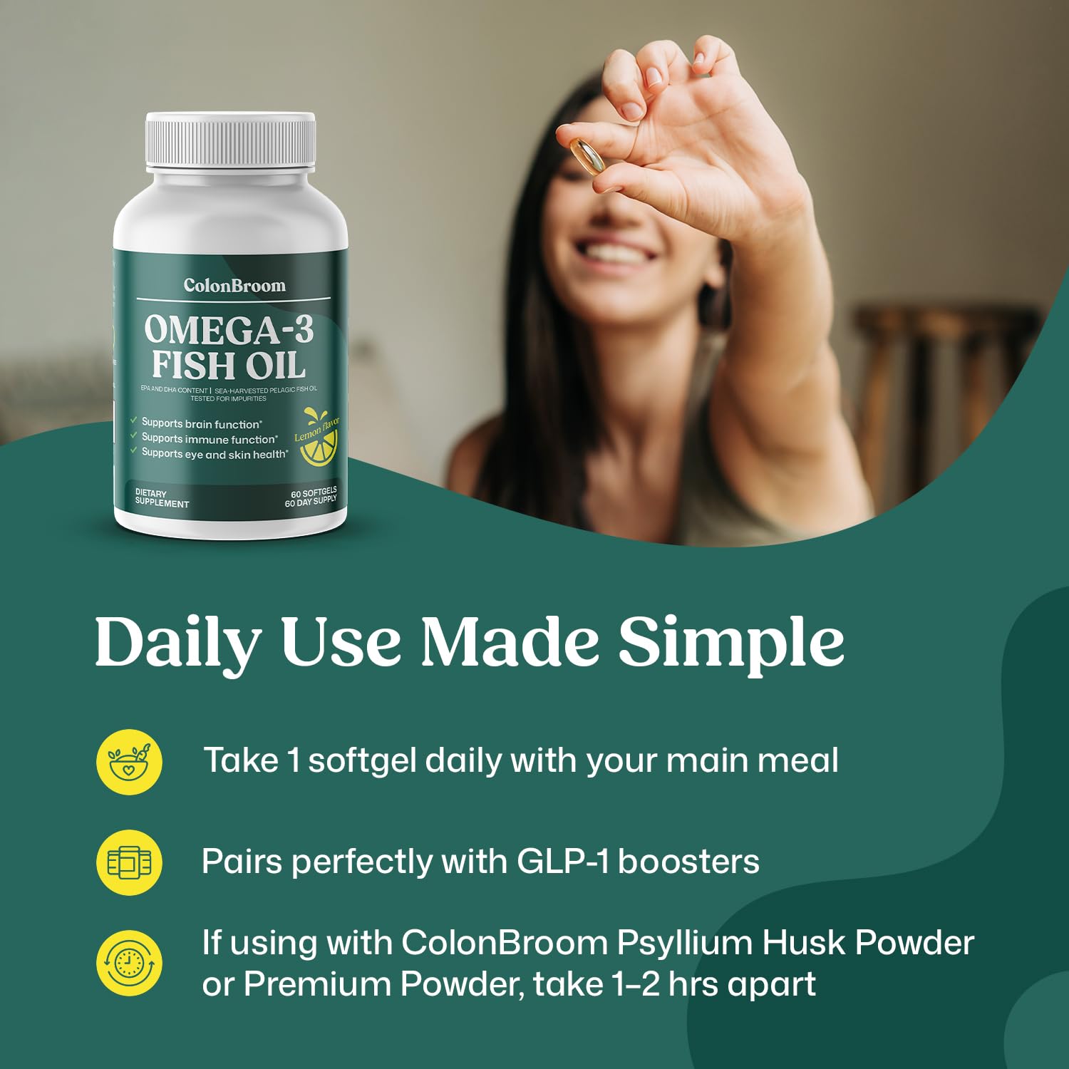 ColonBroom Omega 3 Fish Oil 2640 mg Softgels | Lemon Flavor | Daily Fish Oil Omega-3 Supplement for Women & Men with EPA & DHA | Gluten-Free, Non-GMO, Natural (60 Softgels, 2 Month Supply) ColonBroom buy australia supplements