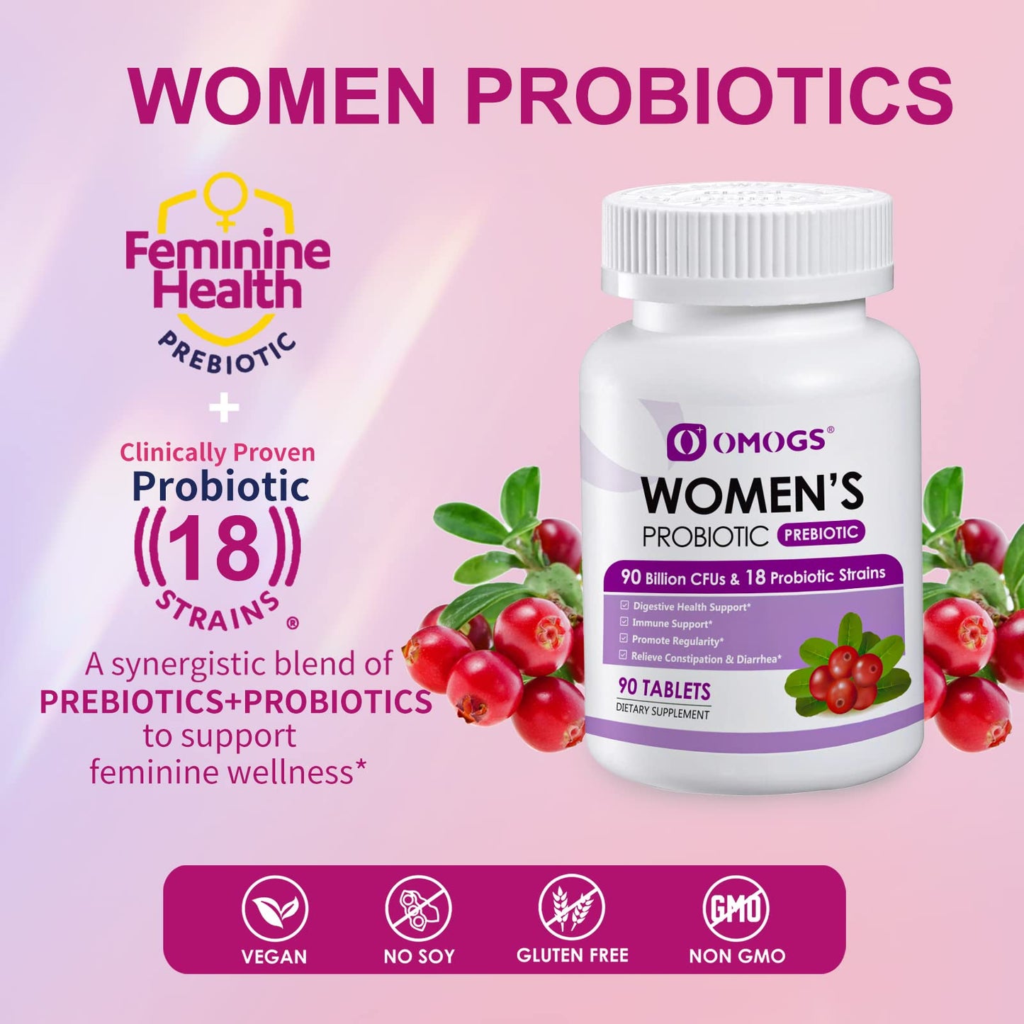 OMOGS Women's Probiotic, with Cranberry Extract, Organic Prebiotics & Vitamin C, 90 Billion CFUs,18 Strains, Help for Boost Immune, Digestive, Gut Health & Women's Health OMOGS