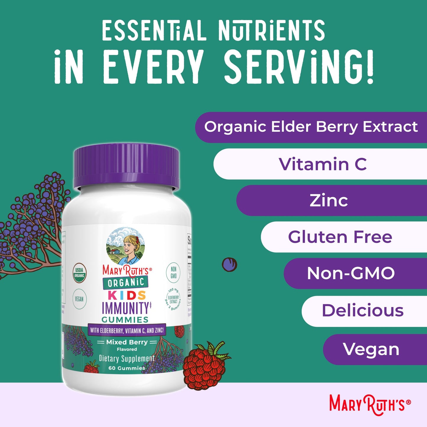 MaryRuth Organics Kids Immune Support Gummies | USDA Organic | Vitamin C, Zinc, and Elderberry Gummies for Kids| Immune Support for Ages 4+ | Vegan MARYRUTH'S