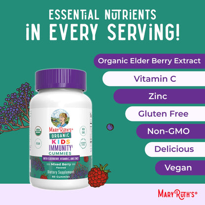 MaryRuth Organics Kids Immune Support Gummies | USDA Organic | Vitamin C, Zinc, and Elderberry Gummies for Kids| Immune Support for Ages 4+ | Vegan MARYRUTH'S