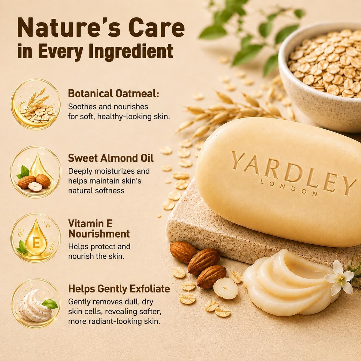 Yardley Oatmeal and Almond Bar Soap, Oatmeal & Almond, 4 Ounce Yardley