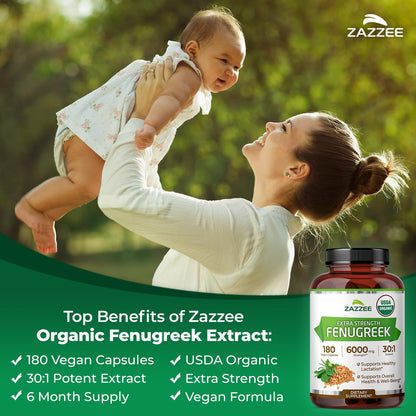 Zazzee USDA Organic Fenugreek 30:1 Extract, 120 Capsules, 4 Month Supply | Vegan, Breastfeeding & Lactation Support for Nursing Mothers, Organic Herbal Supplement, All-Natural, Non-GMO, Made in USA Gsupps Australia