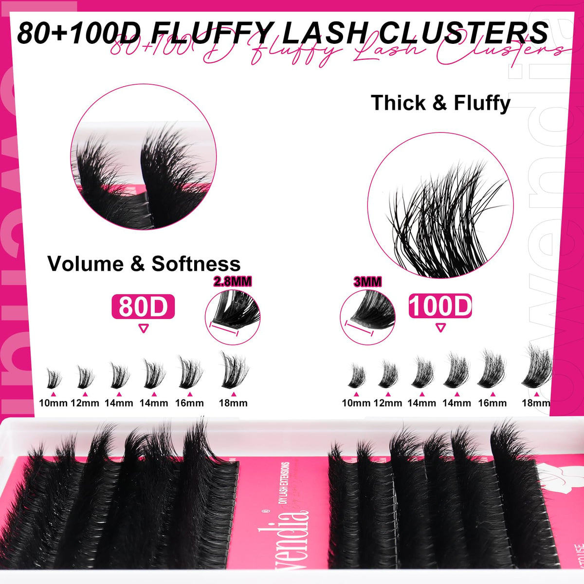 Fowendia Lash Clusters Kit Fluff 80D 100D Individual Lashes D-Curly Cluster Eyelash Extensions 10-18mm DIY Lash Extension Kit Lash Bond and Seal Waterproof, Lash Applicator, Thick False Eyelashes Kit Fowendia