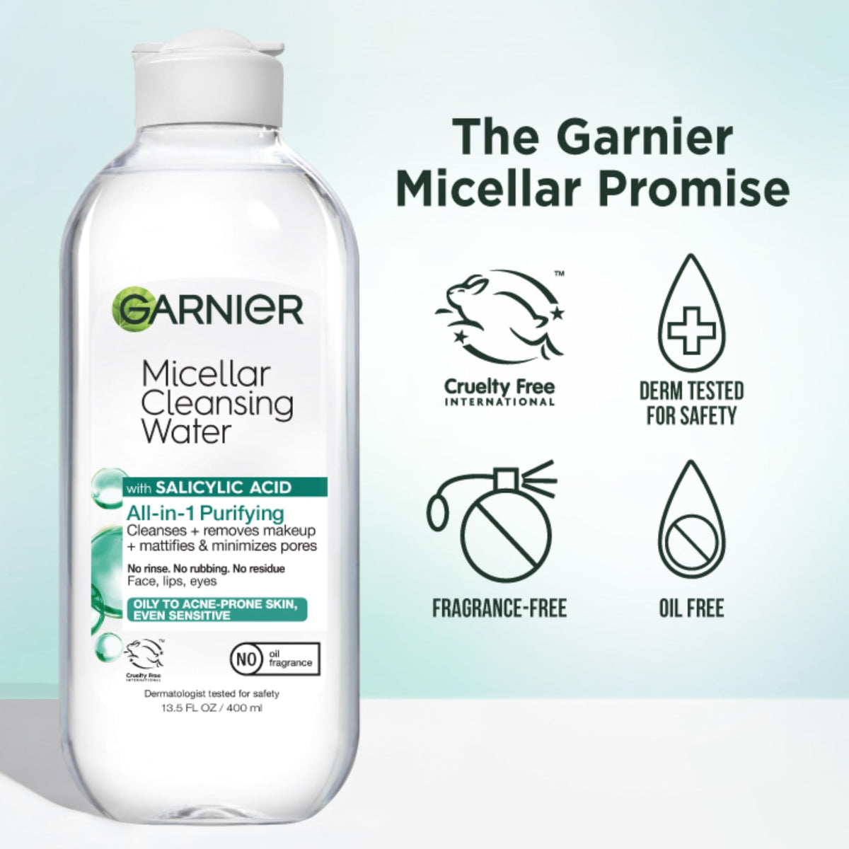 Garnier Micellar Water with Salicylic Acid, All-in-1 Mattifying Facial Cleanser and Makeup Remover for Oily and Acne Prone Skin, 13.5 Fl Oz Garnier