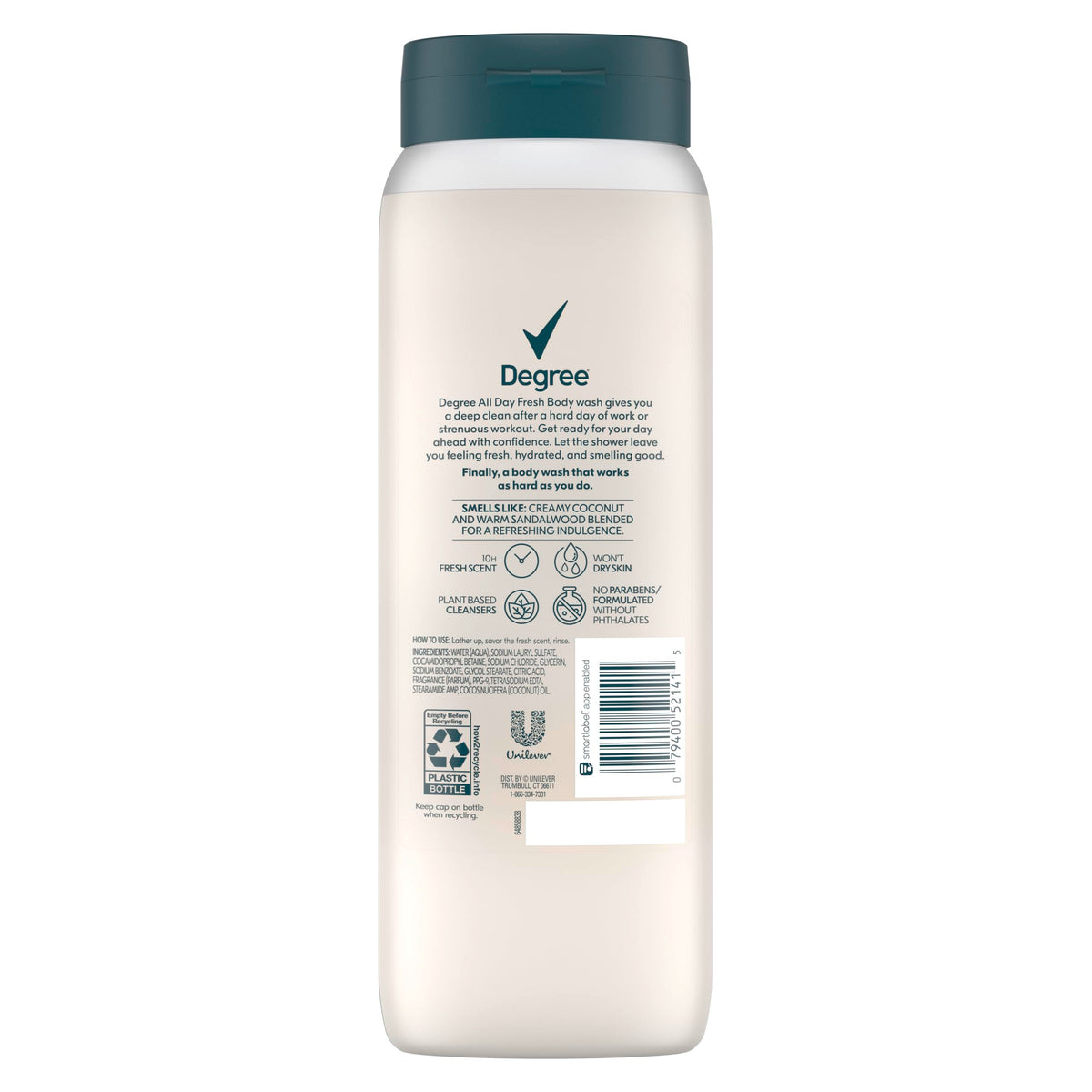 Degree All Day Fresh Body Wash Fresh Coconut Deep Cleansing 20 oz Degree