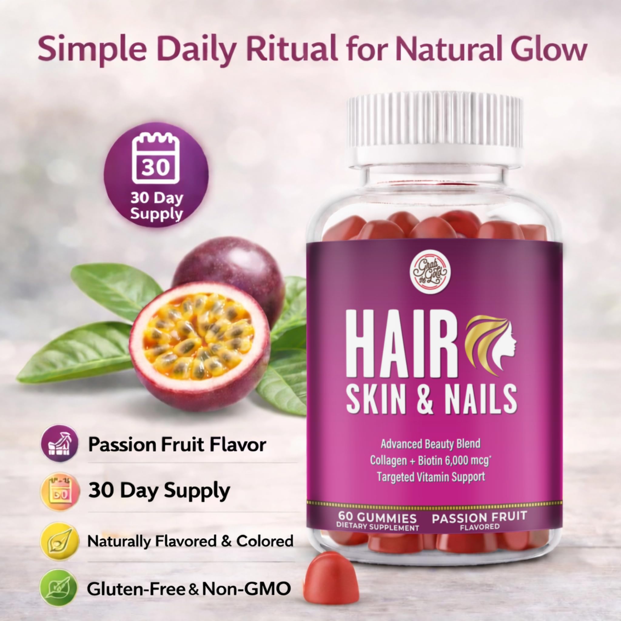 Grab The Gold Hair Skin & Nails Vitamins for Women | Gummies with 6000mcg Biotin & Collagen | 10 Essential Vitamin & Minerals | Gluten-Free, Non-GMO, Passion Fruit Flavor | 1 Month Supply, Made in USA Grab The Gold buy australia supplements