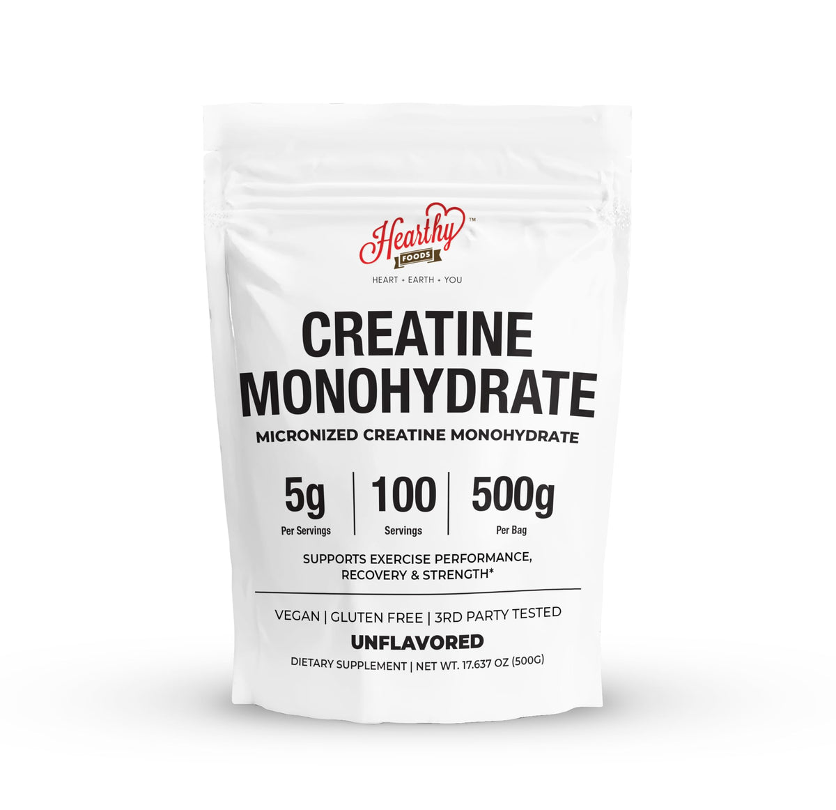 HEARTHY FOODS Creatine Monohydrate Micronized Powder 500G - 100 Servings, 5000mg Per Serving (5g) - for Men & Women Muscle Growth HEARTHY FOODS