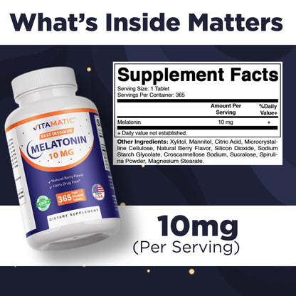 Vitamatic Melatonin 10 mg Fast Dissolve Tablets – Quick-Dissolving Sleep Support Supplement for Adults – Vegetarian, Non-GMO & Gluten-Free Vitamatic