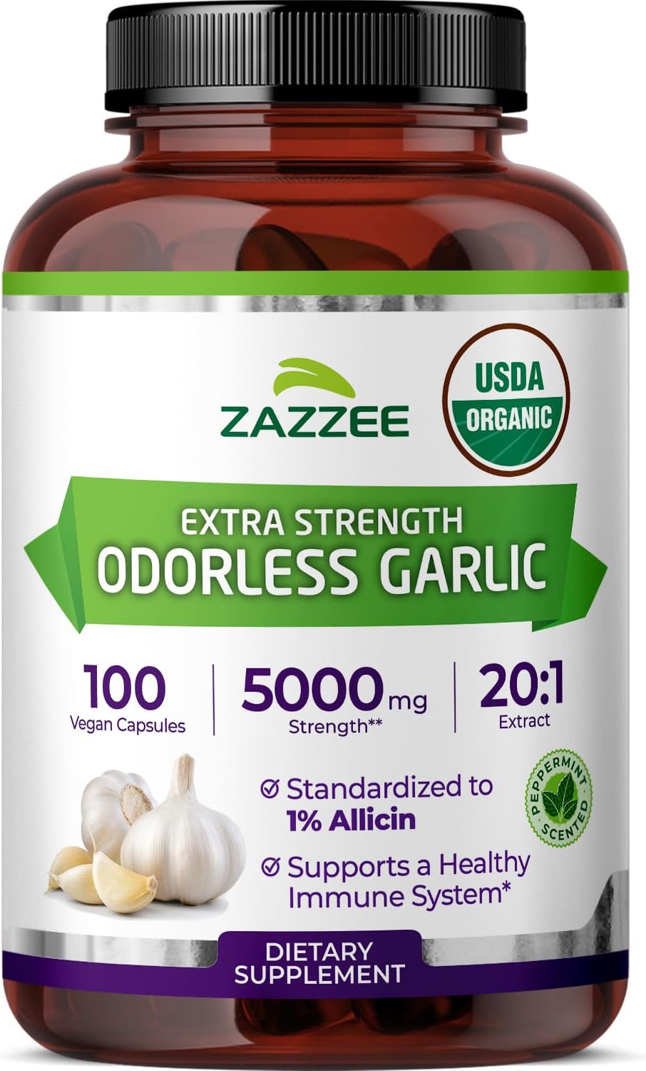 Zazzee USDA Organic Odorless Garlic 20:1 Extract, 1% Allicin, 100 Capsules | Vegan, 3+ Month Supply, Allium Sativum, Immune, Circulation & Heart Health Support, All-Natural, Non-GMO, Made in the USA Gsupps Australia