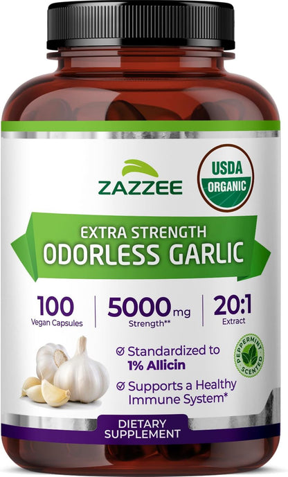 Zazzee USDA Organic Odorless Garlic 20:1 Extract, 1% Allicin, 100 Capsules | Vegan, 3+ Month Supply, Allium Sativum, Immune, Circulation & Heart Health Support, All-Natural, Non-GMO, Made in the USA Gsupps Australia