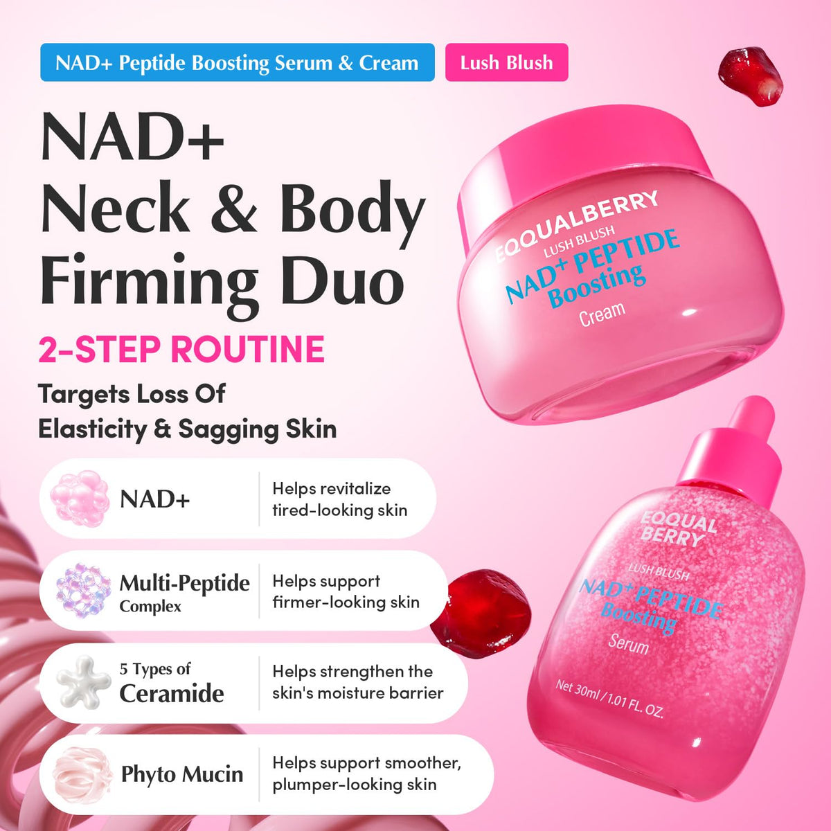 EQQUALBERRY NAD+ Peptide Boosting Serum & Cream Duo | Pink Cream for Anti-Aging, Firming & Lifting, Jawline, Neck, Décolleté | Korean Skin Care EQQUALBERRY