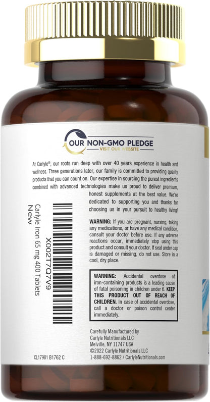 Carlyle Iron Ferrous Sulfate 325mg, 65 mg | 400 Tablets | Non-GMO, Gluten Free, and Vegetarian Supplement | High Potency Carlyle