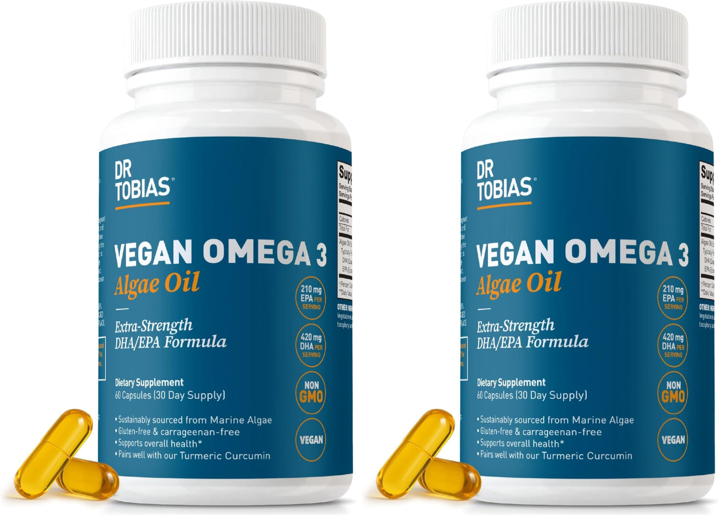 Dr. Tobias Vegan Omega 3 Supplement, 1400mg Algae Oil, 420mg DHA, and 210mg EPA per Serving, Non-GMO, Gluten-Free, Carrageenan-Free, 60 Capsules, 30 Servings