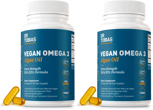 Dr. Tobias Vegan Omega 3 Supplement, 1400mg Algae Oil, 420mg DHA, and 210mg EPA per Serving, Non-GMO, Gluten-Free, Carrageenan-Free, 60 Capsules, 30 Servings