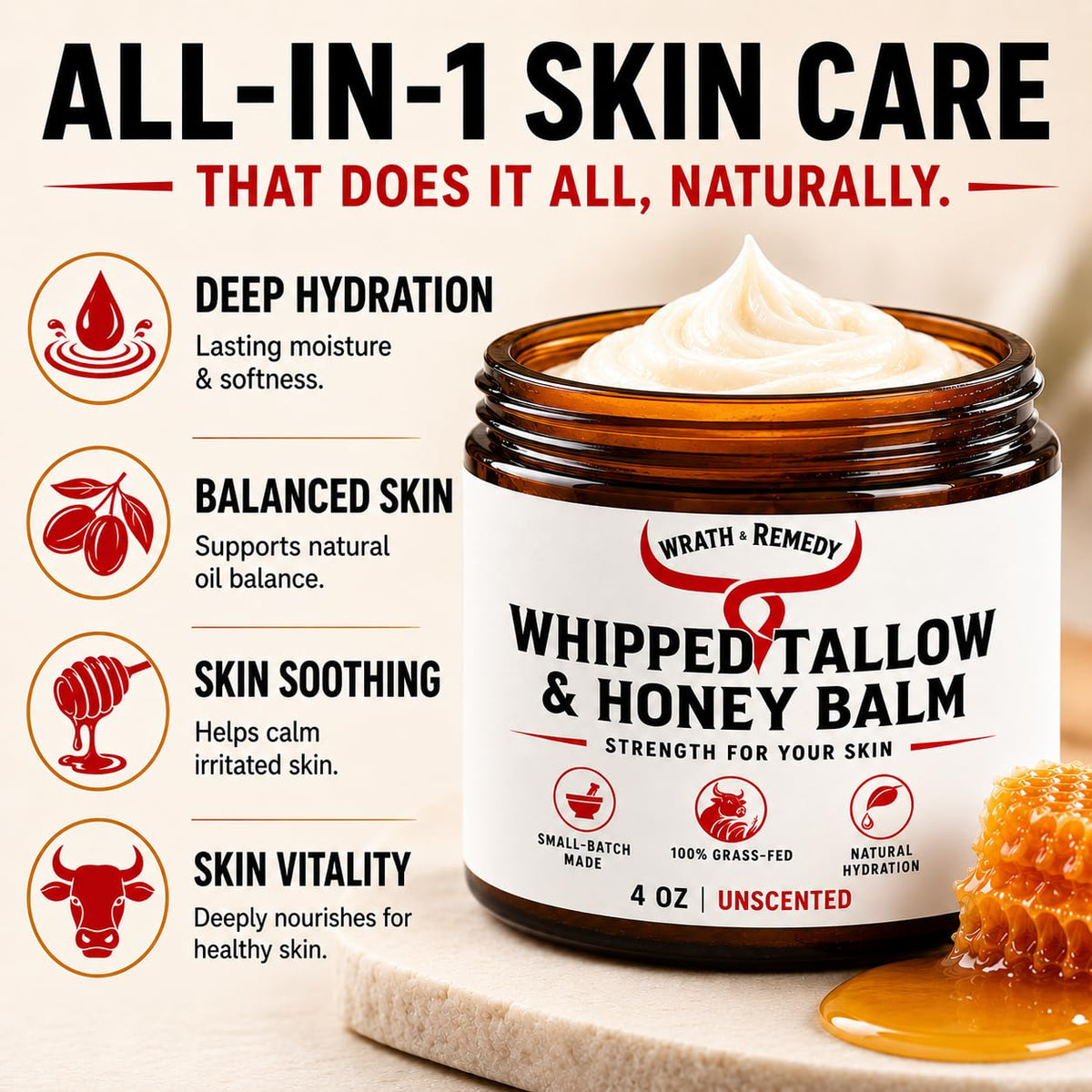 Organic Beef Tallow for Skin, Made in USA, Handcrafted, Unscented, 4 oz Wrath & Remedy