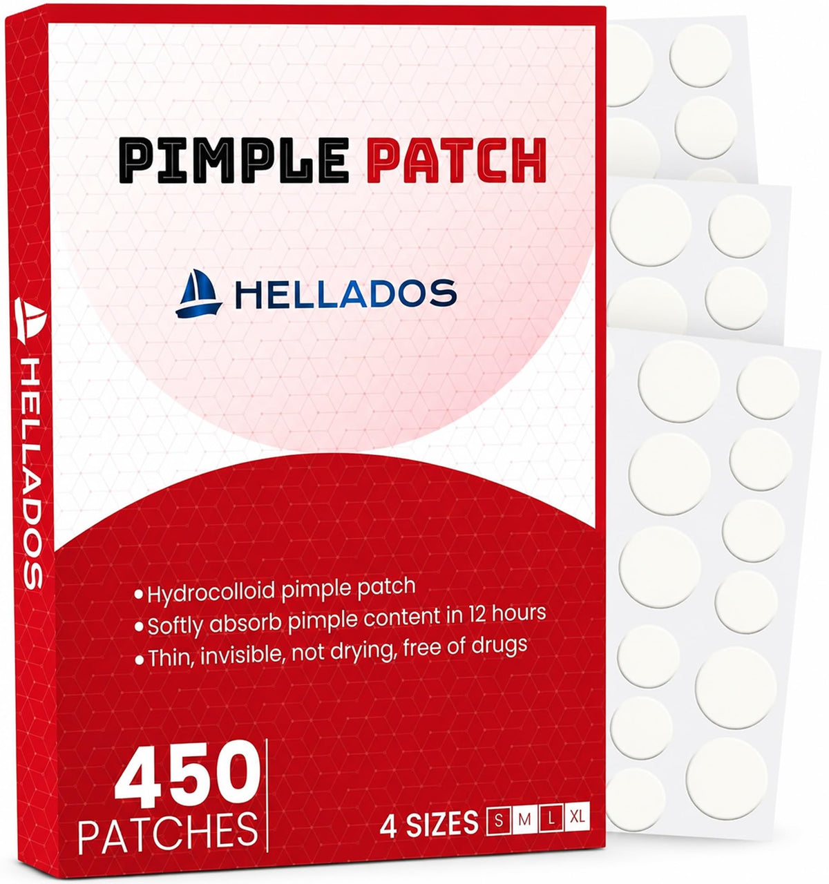 Hellados™ 450 Pimple Patches For Face, 4 Size Hydrocolloid Acne Patches Hellados