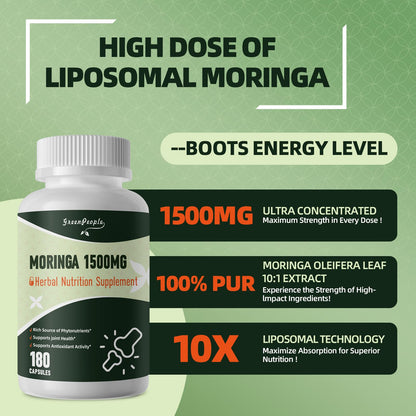 GREENPEOPLE Whole-Leaf Moringa Capsules 1500mg - High Potency 10:1 Moringa Oleifera Leaf Extract - Natural Green Superfood for Energy & Immune Support GREENPEOPLE