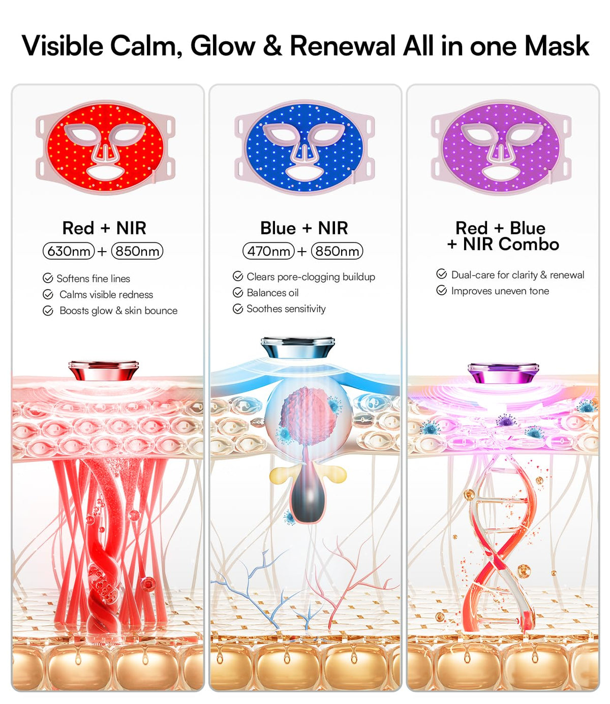 INIA Red Light Therapy Mask for Face, 850nm NIR, Red/Blue LED Light 4 Modes INIA