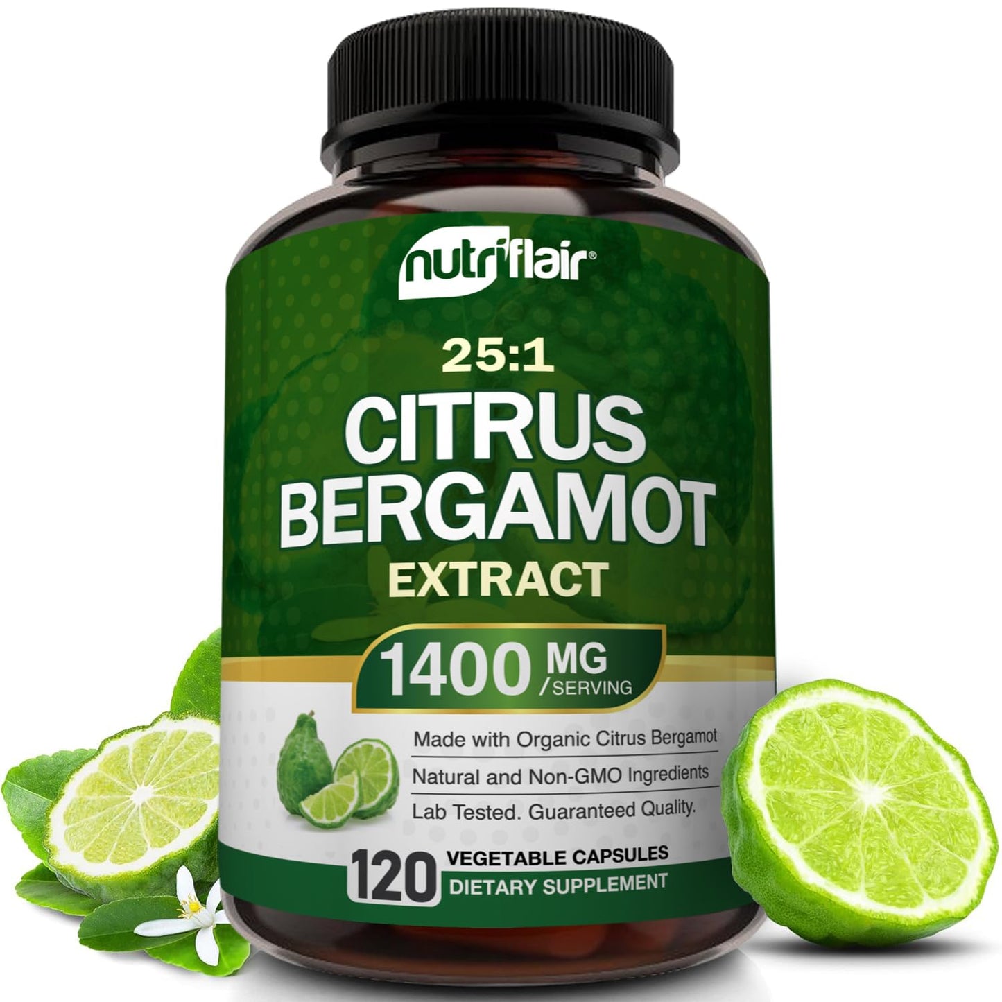 NutriFlair Organic Citrus Bergamot 1400mg, 120 Capsules - 25:1 Bergamia - Essential Oil and Citrus Bioflavonoids - Natural Heart Health Supplements NutriFlair
